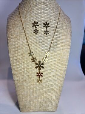 Stainless Steel NEW 18k Gold Plated Summer Floral Y-Necklace Earrings Boho Set